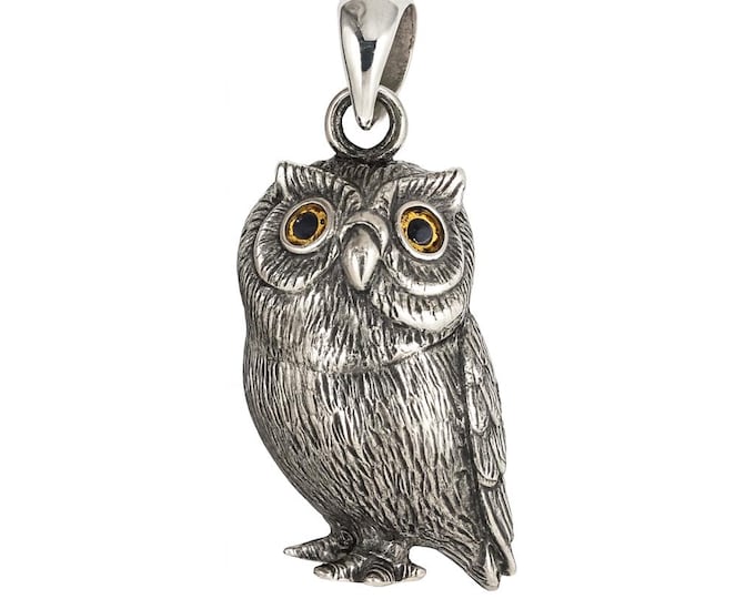 Sterling Silver Owl Pendant Detailed Vintage Style Bird Charm, Handmade Animal Jewelry Gift for Owl Lovers