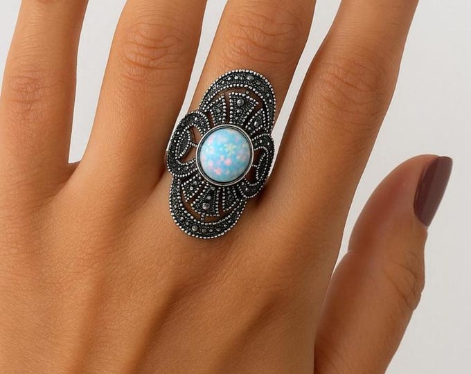 925 Sterling Silver Gilson Opal and Marcasite Statement Ring, Vintage Art Deco Filigree Jewelry, Long Boho Cocktail Ring for Women