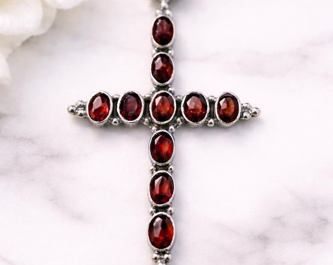Victorian Style 925 Sterling Silver Garnet and Marcasite Cross Pendant Antique Inspired Gemstone Necklace