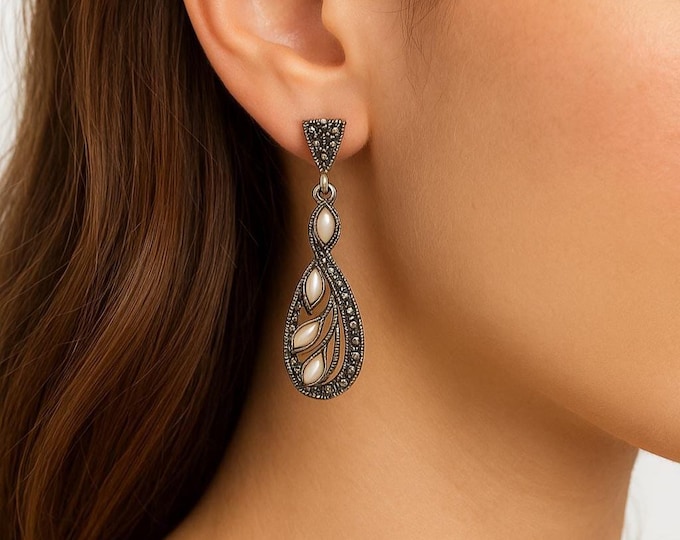 925 Sterling Silver Dangle Earrings with Mother of Pearl and Marcasite Stone Vintage Inspired Drop Earrings, Boho Statement Jewelry