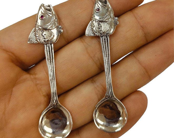 Antique and Vintage Style Fish Pair of Salt Spoons Ruby Eyes 925 Sterling Silver Collectible Spoons, Miniature Spoons
