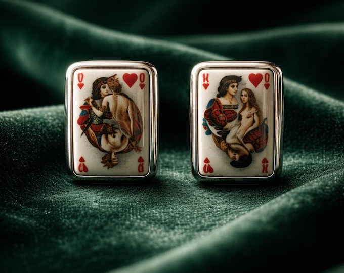 Vintage Playing Card Cufflinks Queen & King of Hearts 925 Sterling Silver Novelty Cufflinks  Gift for Him