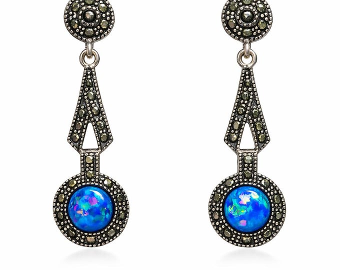 Art Deco Inspired Blue Gilson Opal and Marcasite 925 Sterling Silver Earrings