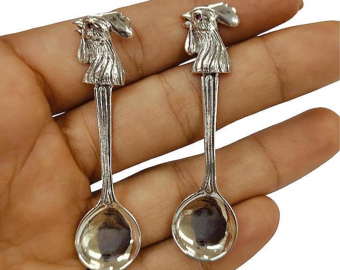 Antique and Vintage Style Cockerel Pair of Salt Spoons Ruby Eyes 925 Sterling Silver Collectible Spoons, Miniature Spoons