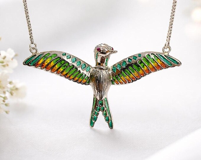 Art Nouveau Plique-à-Jour Enamel Bird Necklace, 925 Sterling Silver Pendant