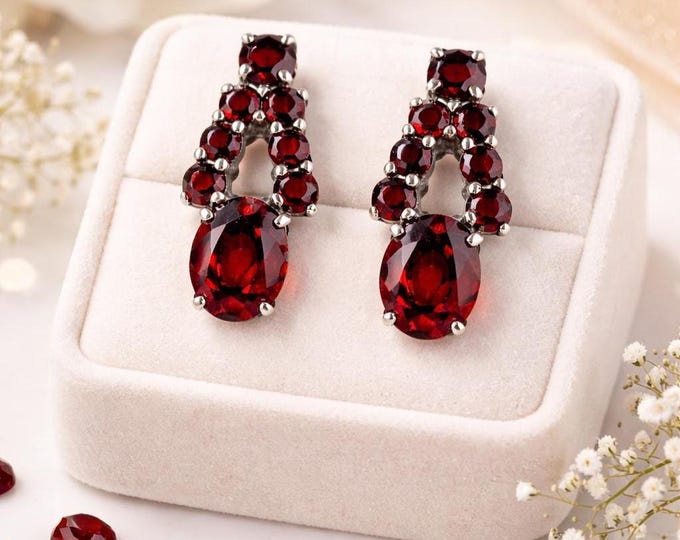 Garnet Red Crystal Drop Earrings, Vintage Style Silver Earrings, Elegant Statement Jewelry, January Birthstone Gift