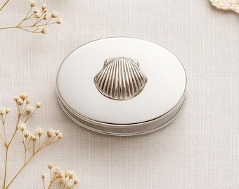 Sterling Silber Shell Pill Box Vintage Style Seashell Andenken, Sammlerstück oder Schmuckhalter