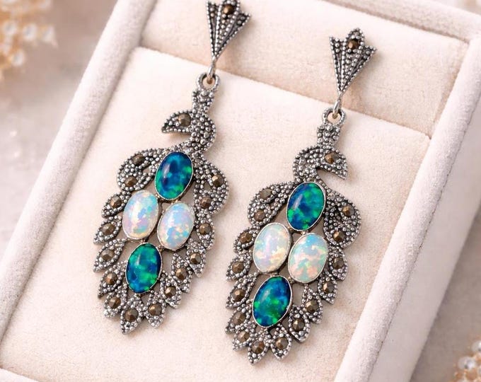 Art Deco Inspired Gilson Opal and Marcasite Peacock 925 Sterling Silver Earrings