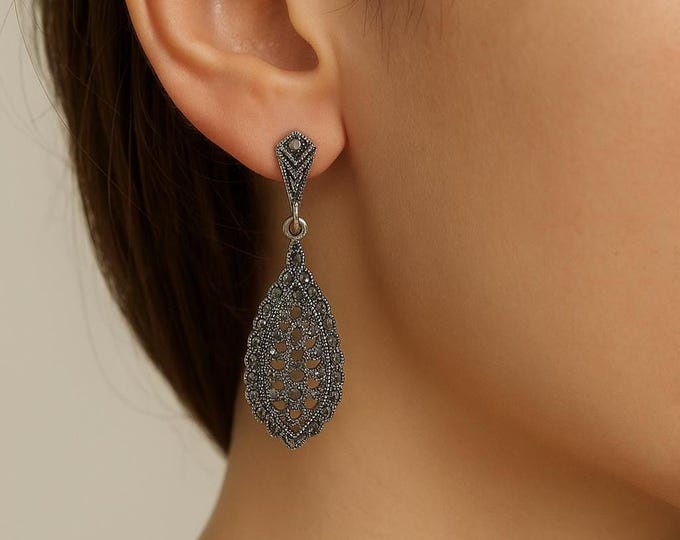 Vintage Sterling Silver Marcasite Drop Earrings Art Deco Dangle Jewelry, Antique Style Statement Earrings