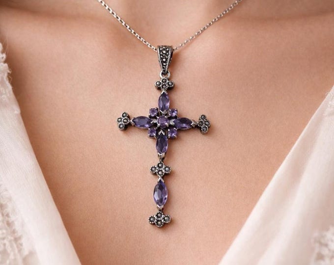 Victorian Style 925 Sterling Silver Amethyst and Marcasite Cross Pendant Antique Inspired Gemstone Necklace