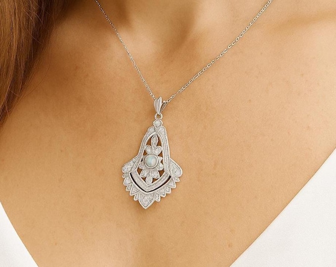 Vintage Style Opal Pendant Necklace 925 Sterling Silver Filigree Drop Pendant with Sparkling Accents, Art Deco Inspired Jewelry Gift for Her