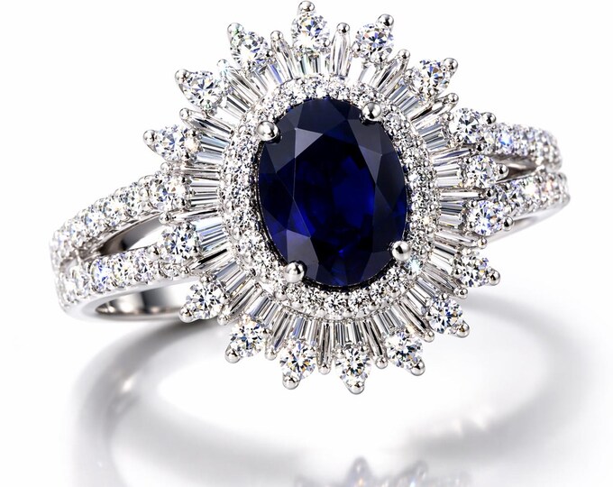 Sapphire and Diamond Halo Ring 14K White Gold