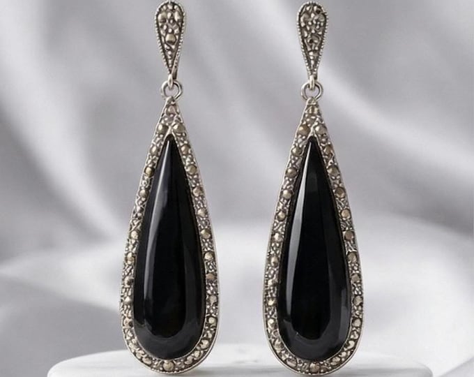 Art Deco Inspired Onyx and Marcasite 925 Sterling Silver Earrings Gift for Her