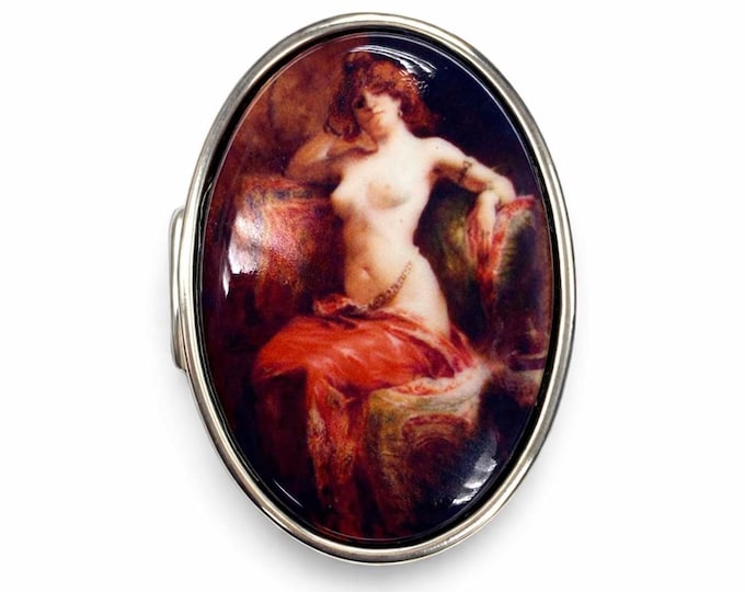 Antique Style Silver Pill Box with Classical Nude Art Victorian Art Inspired Oval Keepsake Box