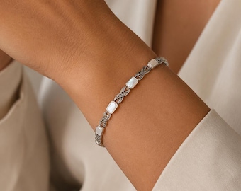 Art Deco Sterling Silver Bracelet, Mother of Pearl & Marcasite