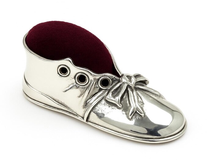 Vintage Sterling Silver Baby Shoe Pin Cushion with Ruby Stone Collectible Sewing Accessory, Jewelry Display, Antique Style Gift