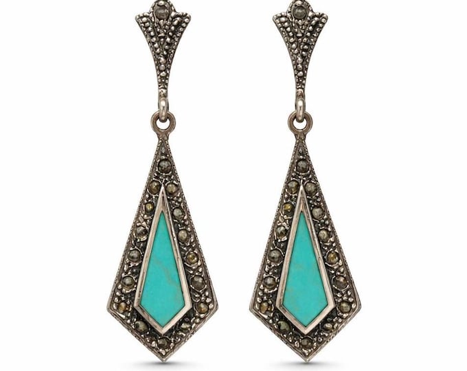 925 Sterling Silver Earrings with Marcasite and Turquoise Vintage Art Deco Dangle Earrings