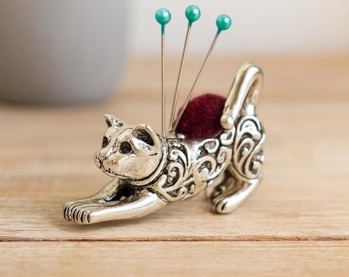Sterling Silver Cat Pin Cushion with Velvet Back Antique Style Miniature Sewing Collectible, Gift for Cat Lovers
