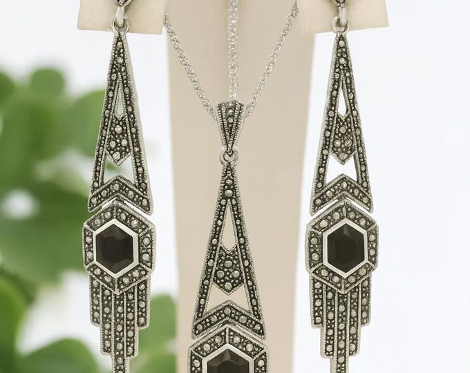 Art Deco Inspired Onyx and Marcasite 925 Sterling Silver Earrings and Pendant Set