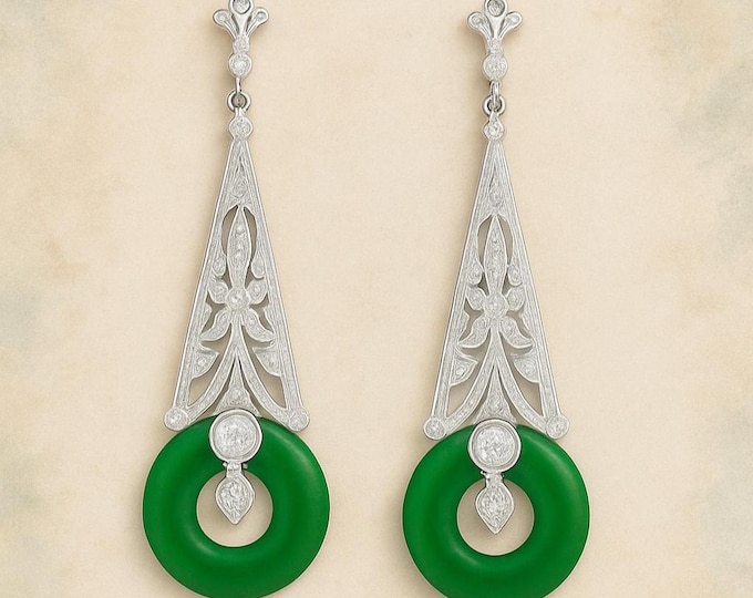 925 Sterling Silver and Green Jade Drop Earrings Art Deco Filigree Dangle Earrings Long Vintage Style Earrings Handmade Jewelry Gift