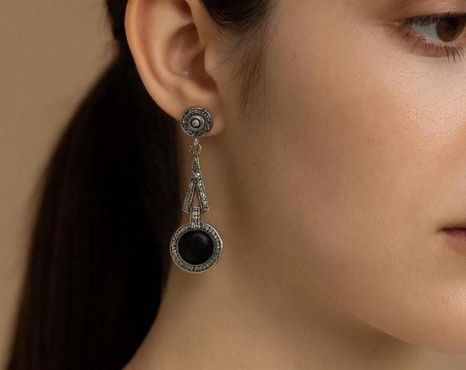 Art Deco Inspired Onyx, Coral, Mother of Pearl and Marcasite 925 Sterling Silver Earrings