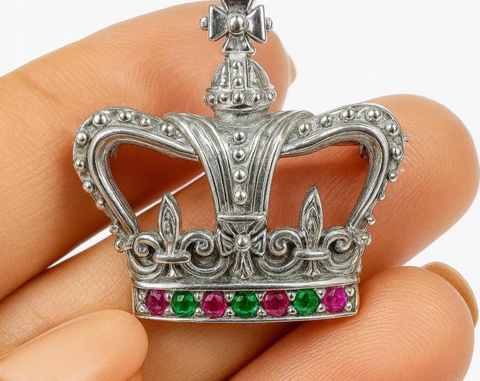 925 Sterling Silver Crown Brooch with Ruby, Sapphire and Emerald Gemstones Royal Regal Jewelry Pin, Vintage Style Gemstone Crown Lapel Pin