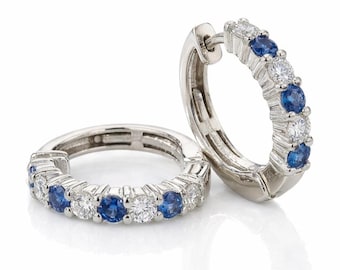 Mini Hoop Sapphire and Diamond Earrings 14K White Gold