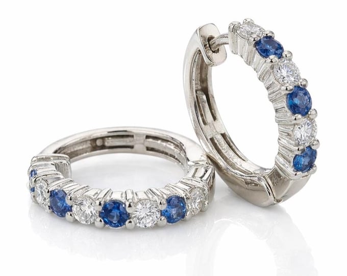 Mini Hoop Sapphire and Diamond Earrings 14K White Gold
