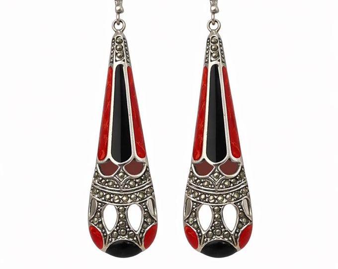 Art Deco Coral and Onyx Marcasite Dangle Earrings, 925 Sterling Silver