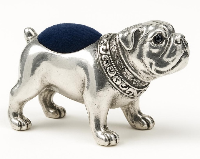Antique Inspired Collectable Bulldog Pin Cushion Sapphire Eyes 925 Sterling Silver