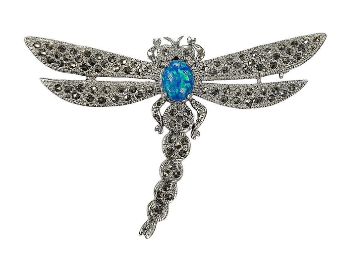 Antique Style Gilson Opal Marcasite Dragonfly Brooch 925 Sterling Silver Hallmarked