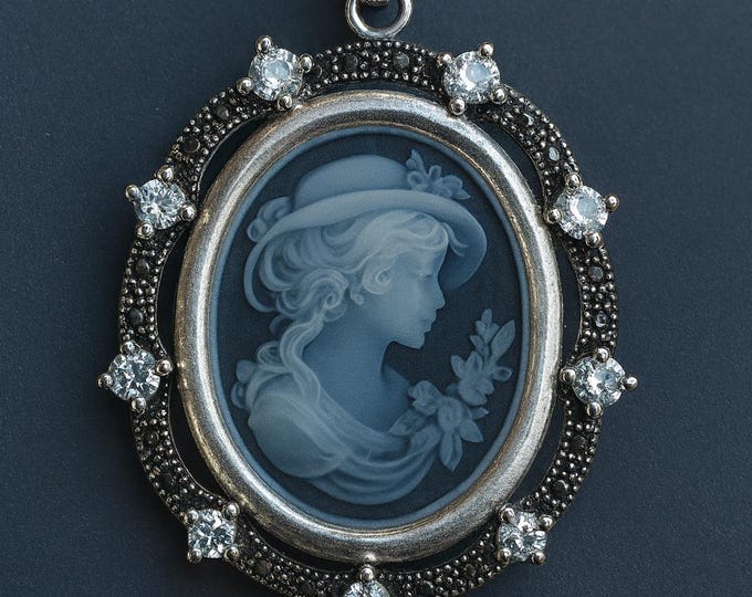 Vintage Style Silver Plated Cameo Pendant Necklace Oval Lady Profile with Marcasite and CZ Accents Victorian Inspired Statement Jewelry