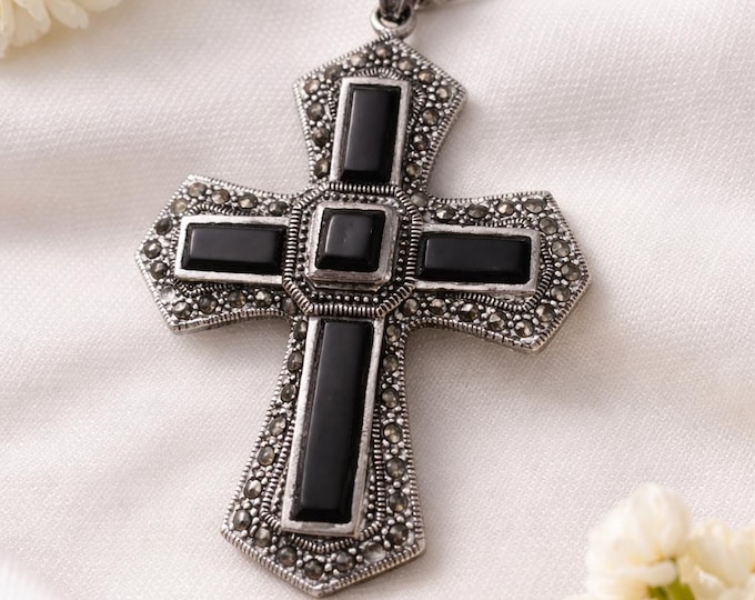Victorian Style 925 Sterling Silver Onyx and Marcasite Cross Pendant Antique Inspired Gemstone Necklace