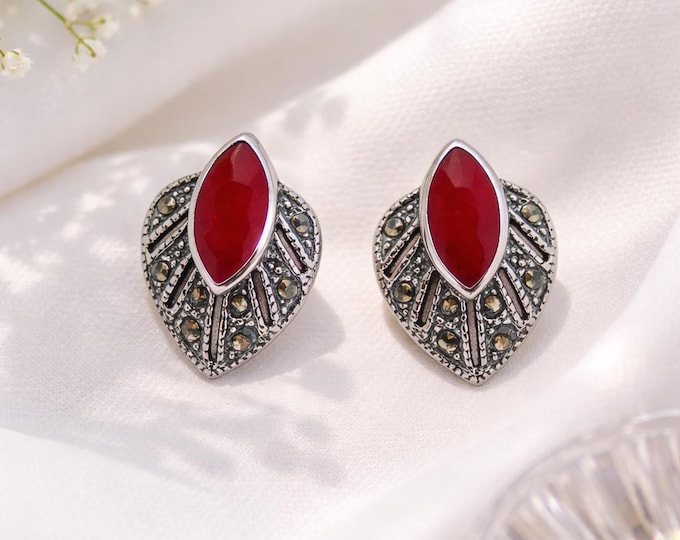 Art Deco Inspired Coral and Marcasite Stud Earrings 925 Sterling Silver Vintage Style Jewelry