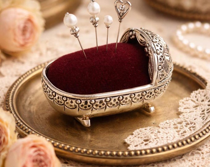 Vintage Style Silver Plated Cupid Baby Cot Pin Cushion Miniature Sewing Collectible Antique-Inspired Sewing Gift