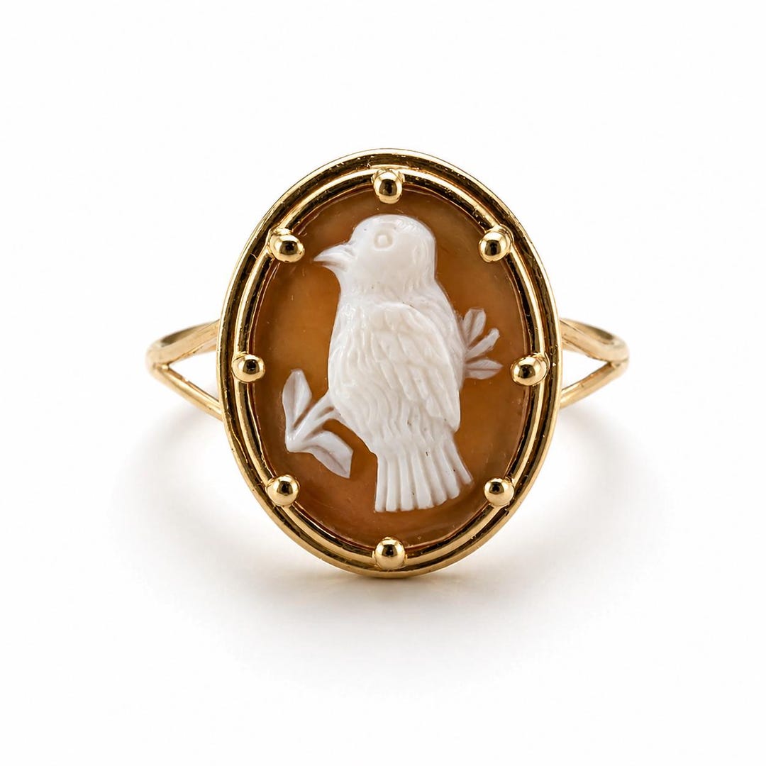 Antique 14K Gold Carved Shell Bird Cameo Statement Ring - Etsy