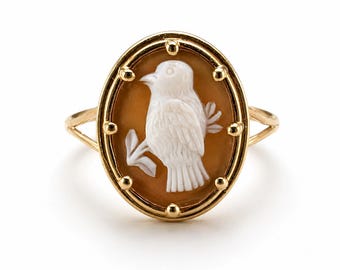 Antique 14K Gold Carved Shell Bird Cameo Statement Ring