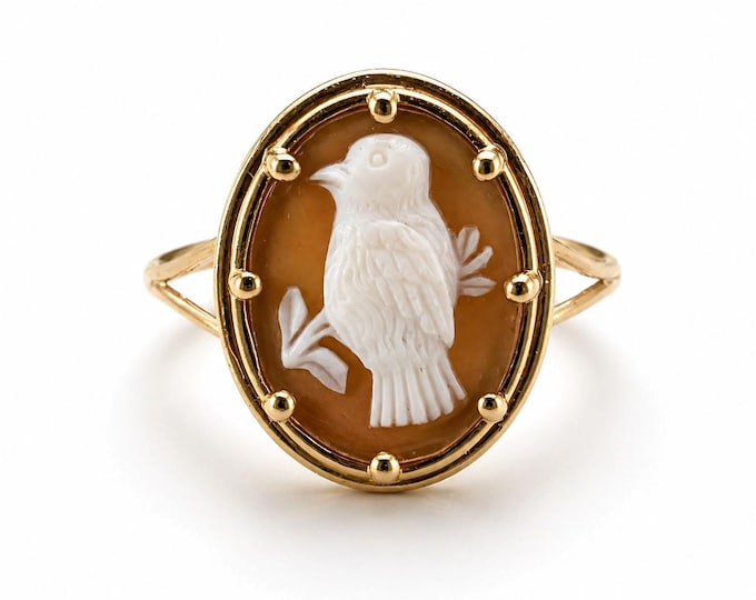 Antique 14K Gold Carved Shell Bird Cameo Statement Ring