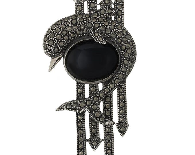 Antique Style 925 Sterling Silver Dolphin Brooch Marcasite and Black Onyx Jewelry Pin