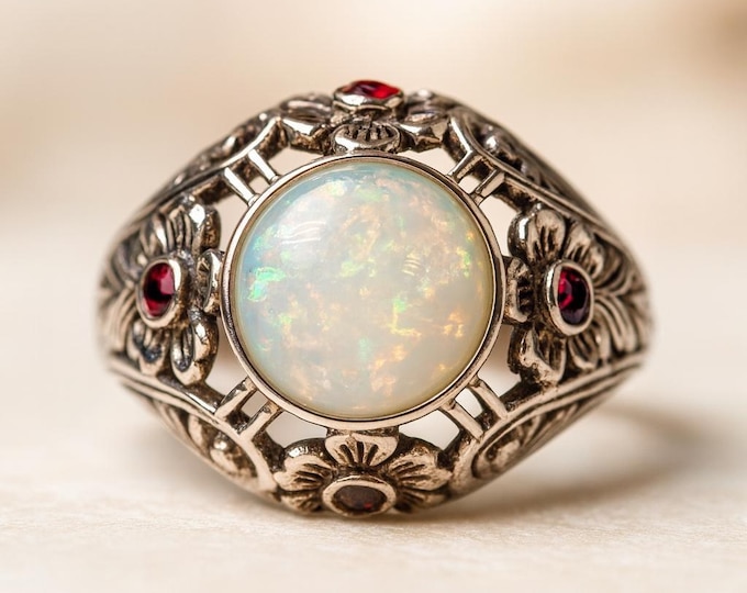 Antique Style Opal and Ruby Ring Sterling Silver Filigree Floral Design, Vintage Inspired Statement Jewelry, October Birthstone Gift