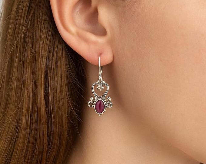 Art Nouveau Design Emerald and Ruby 925 Sterling Silver Earrings Gift for Her