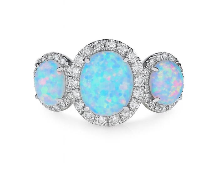 Triple Opal Halo Ring White Gilson Opal and CZ 925 Sterling Silver Statement Ring Vintage Style Three Stone Opal Jewelry