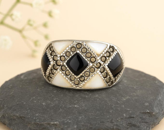 Vintage Style Sterling Silver Ring with Black Onyx and Mother of Pearl Inlay Art Deco Geometric Band, Statement Jewelry Gift for Her