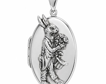 925 Silver Plate Rabbit holding Bouquet Pendant, Engraved Rabbit Necklace
