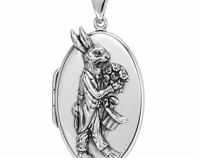 925 Silver Plate Rabbit holding Bouquet Pendant, Engraved Rabbit Necklace