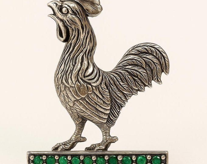 Antique Style Emerald Cockerel Brooch 925 Sterling Silver