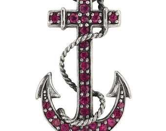 Nautical Anchor Ruby and Emerald Pendant Brooch 925 Sterling Silver