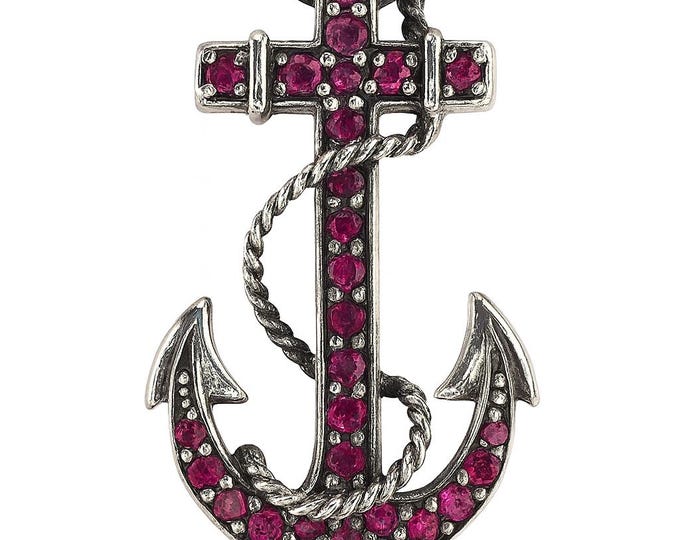 Nautical Anchor Ruby and Emerald Pendant Brooch 925 Sterling Silver