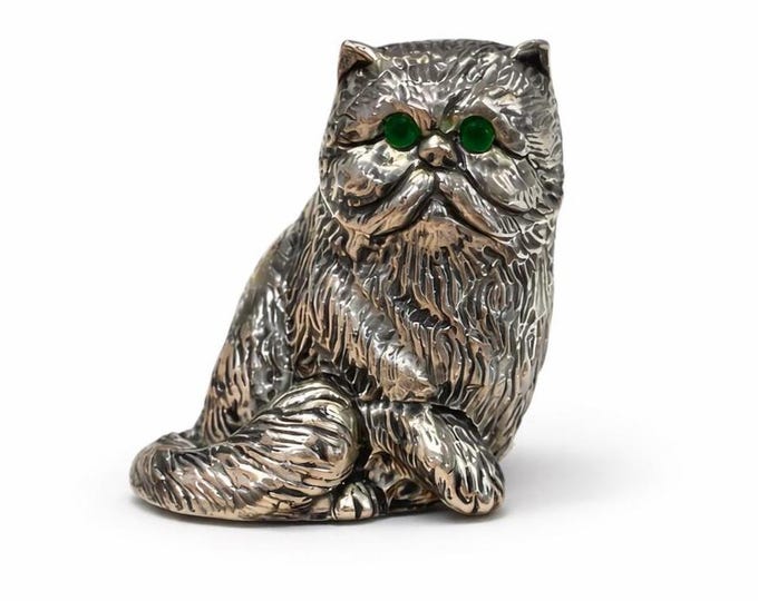 Vintage Style Silver Plated Cat Figurine Emerald Eyes Collectible Figurine Gift for Collectors