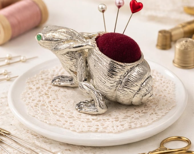 Antique Style Silver Plated Frog Pin Cushion with Velvet Insert Vintage Sewing Collectible